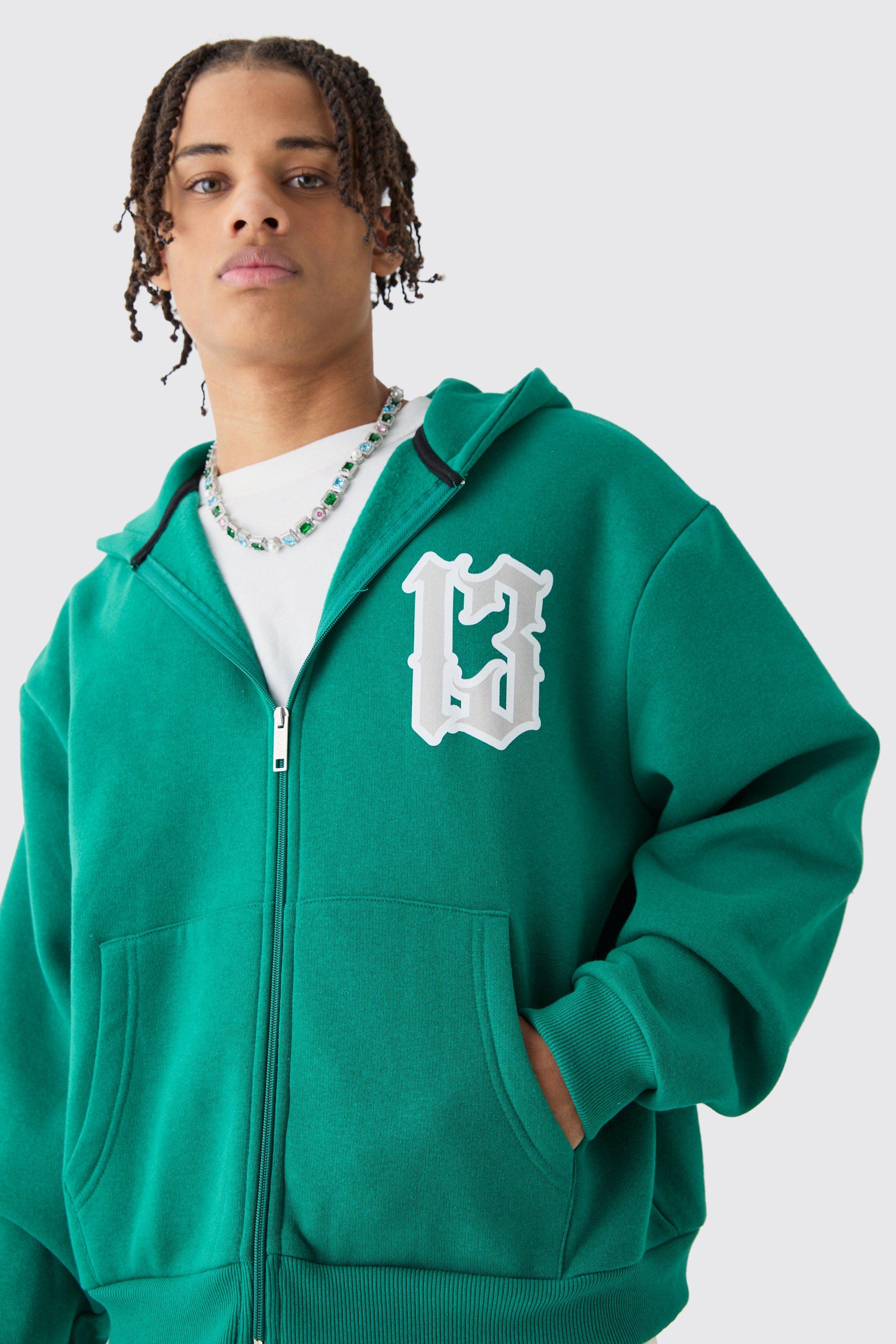 Oversized Boxy Zip Through 13 Graphic Hoodie | boohoo USA